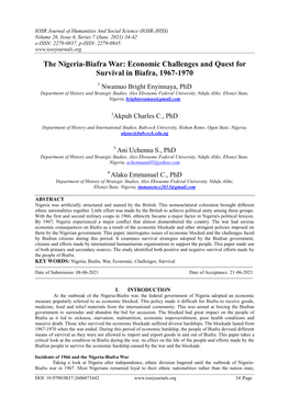 The Nigeria-Biafra War: Economic Challenges and Quest for Survival in Biafra, 1967-1970