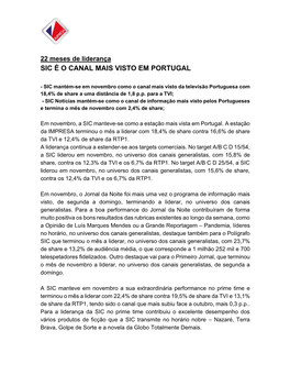 22 Meses De Liderança SIC É O CANAL MAIS VISTO EM PORTUGAL