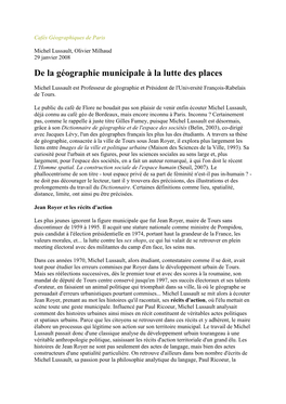 De La Géographie Municipale À La Lutte Des Places