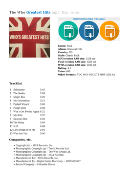 The Who Greatest Hits Mp3, Flac, Wma