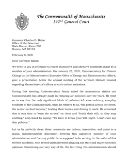 Wrote to Gov. Charlie Baker