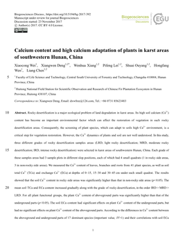 Calcium Content and High Calcium Adaptation of Plants in Karst Areas of Southwestern Hunan, China