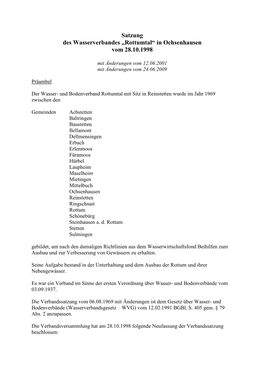 Satzung Des Wasserverbandes „Rottumtal“ in Ochsenhausen Vom 28.10.1998