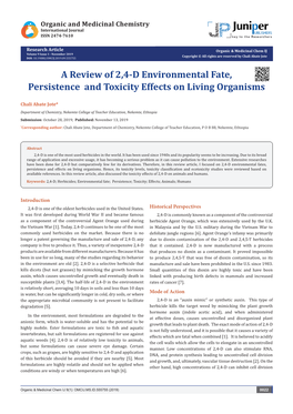 A Review of 2,4-D Environmental Fate, Persistence and Toxicity Effects on Living Organisms