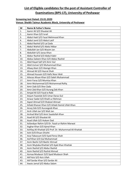 List of Eligible Candidates for the Post of Assistant Controller of Examinations (BPS-17), University of Peshawar