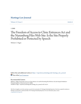 The Freedom of Access to Clinic Entrances Act and the Nuremberg Files Web Site: Is the Site Properly Prohibited Or Protected by Speech, 51 Hastings L.J
