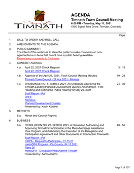 Timnath Town Council Meeting 6:00 PM - Tuesday, May 11, 2021 4750 Signal Tree Drive, Timnath, Colorado