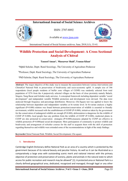 Wildlife Protection and Social Development: a Cross Sectional Analysis of Chitral