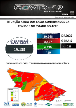 BOLETIM INFORMATIVO DIÁRIO SITUAÇÃO EPIDEMIOLÓGICA DA COVID-19 Terça-Feira, 09 De Junho De 2020 SITUAÇÃO ATUAL DOS CASOS CONFIRMADOS DA COVID-19 NO ESTADO DO ACRE