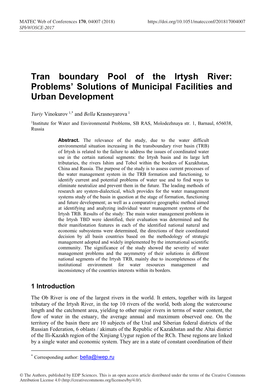 Tran Boundary Pool of the Irtysh River: Problems’ Solutions of Municipal Facilities and Urban Development