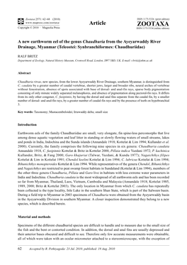 Zootaxa 2571: 62–68 (2010) ISSN 1175-5326 (Print Edition) Article ZOOTAXA Copyright © 2010 · Magnolia Press ISSN 1175-5334 (Online Edition)