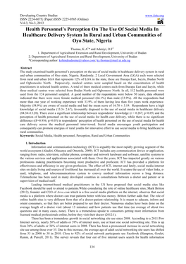 Health Personnel's Perception on the Use of Social Media in Healthcare Delivery System in Rural and Urban Communities of Oyo S