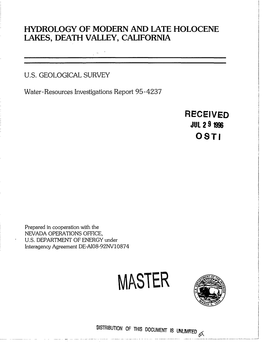 Hydrology of Modern and Late Holocene Lakes, Death Valley, California Received Ml 29 1996