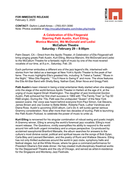 A Celebration of Ella Fitzgerald Starring Patti Austin, Kurt Elling, Monica Mancini, Wé Mcdonald and Ledisi Mccallum Theatre Saturday – February 29 – 8:00Pm