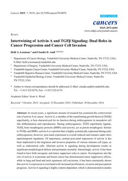 Intertwining of Activin a and Tgfβ Signaling: Dual Roles in Cancer Progression and Cancer Cell Invasion