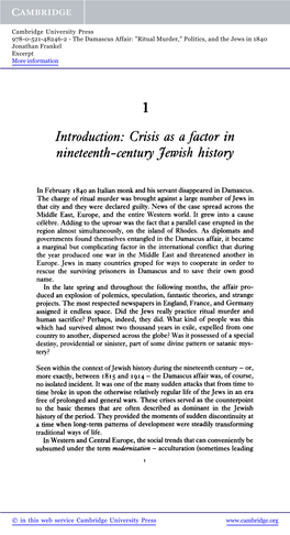 Crisis As a Factor in Nineteenth-Century Jewish History