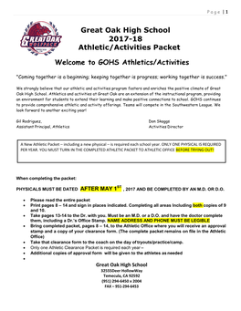 Great Oak High School 2017-18 Athletic/Activities Packet Welcome