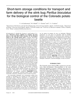 Short-Term Storage Conditions for Transport and Farm Delivery of the Stink Bug Perillus Bioculatus for the Biological Control of the Colorado Potato Beetle