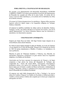 POBLAMIENTO Y COLONIZACION DE RISARALDA