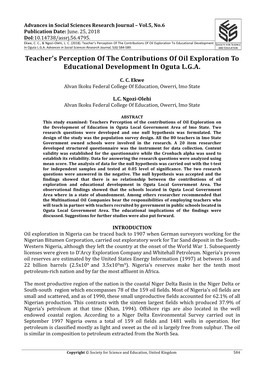 Teacher's Perception of the Contributions of Oil Exploration to Educational Development in Oguta L.G.A. Advances in Social Sciences Research Journal, 5(6) 584-589