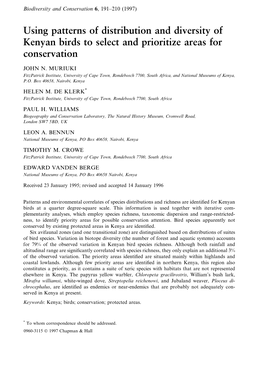 Using Patterns of Distribution and Diversity of Kenyan Birds to Select and Prioritize Areas for Conservation