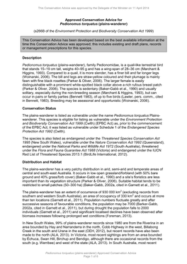 Approved Conservation Advice for Pedionomus Torquatus (Plains-Wanderer)