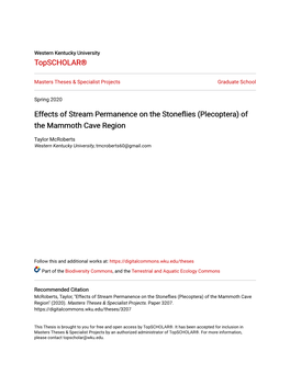 Effects of Stream Permanence on the Stoneflies (Plecoptera) of the Mammoth Cave Region