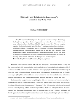 Historicity and Religiosity in Shakespeare's Medieval Play King John