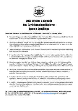 2020 England V Australia One-Day International Rollover Terms & Conditions