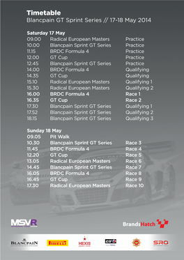 Timetable Blancpain GT Sprint Series // 17-18 May 2014