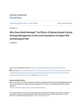 Who Owns World Heritage? the Effects of Western Based Cultural Heritage Management on the Local Populations of Angkor Wat Archaeological Park