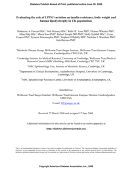 Evaluating the Role of LPIN1 Variation on Insulin Resistance, Body Weight and Human Lipodystrophy in UK Populations