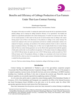 Benefits and Efficiency of Cabbage Production of Lao Farmers Under Thai-Laos Contract Farming