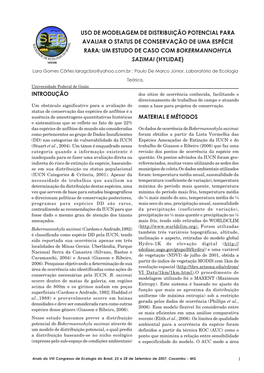 Uso De Modelagem De Distribuição Potencial Para Avaliar O Status De Conservação De Uma Espécie Rara: Um Estudo De Caso Com Bokermannohyla Sazimai (Hylidae)