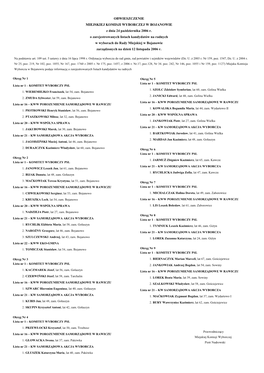 OBWIESZCZENIE MIEJSKIEJ KOMISJI WYBORCZEJ W BOJANOWIE Z Dnia 24 Października 2006 R. O Zarejestrowanych Listach Kandydatów Na