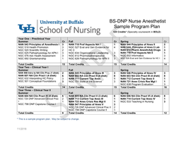 BS-DNP Nurse Anesthetist Sample Program Plan 124 Credits* (Specialty Coursework in BOLD)