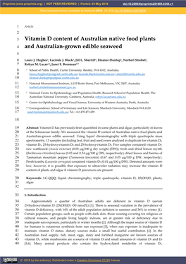 Vitamin D Content of Australian Native Food Plants and 21 Australian-Grown Edible Seaweed