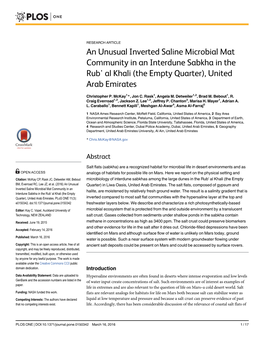 An Unusual Inverted Saline Microbial Mat Community in an Interdune Sabkha in the Rub' Al Khali (The Empty Quarter), United Arab Emirates