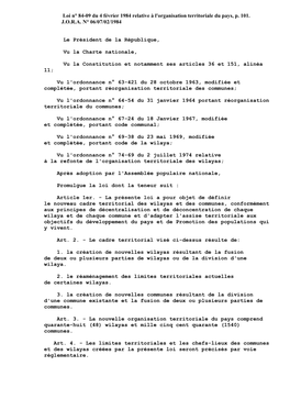Loi N° 84-09 Du 4 Février 1984 Relative À L'organisation Territoriale Du Pays, P. 101. J.O.R.A. N° 06/07/02/1984 Le Pr