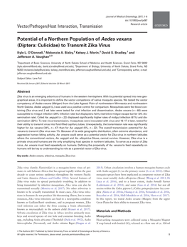 Potential of a Northern Population of Aedes Vexans (Diptera: Culicidae) to Transmit Zika Virus
