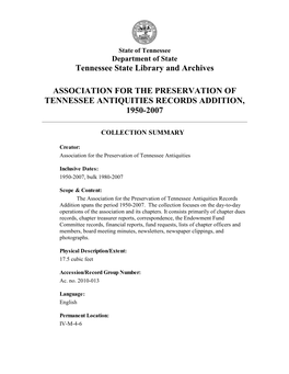Association for the Preservation of Tennessee Antiquities Records Addition, 1950-2007