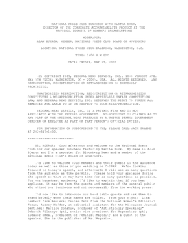 National Press Club Luncheon with Martha Burk, Director of the Corporate Accountability Project at the National Council of Women's Organizations