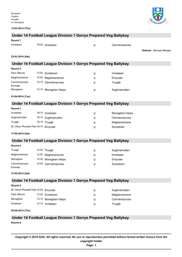 Under 14 Football League Division 1 Gerrys Prepared Veg Ballybay Round 1 Inniskeen 18:30 Inniskeen V Carrickmacross Referee: Michael Metzger