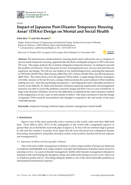 Impact of Japanese Post-Disaster Temporary Housing Areas' (Thas) Design on Mental and Social Health