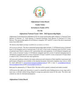 Afghanistan Cricket Board Tender Notice Invitation to Tender (ITT) For