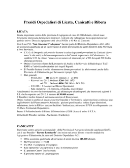 Presidi Ospedalieri Di Licata, Canicattì E Ribera