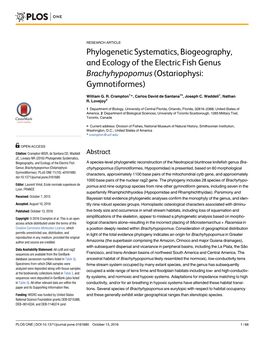 Phylogenetic Systematics, Biogeography, and Ecology of the Electric Fish Genus Brachyhypopomus (Ostariophysi: Gymnotiformes)