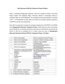 Brief Summary of RG OC-I Expansion Phase-II Project SCCL Is Operating Ramagundam Opencast–I