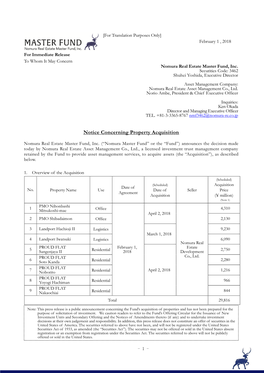 Notice Concerning Property Acquisition (PMO Nihonbashi