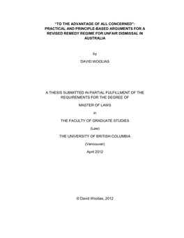 Practical and Principle-Based Arguments for a Revised Remedy Regime for Unfair Dismissal in Australia